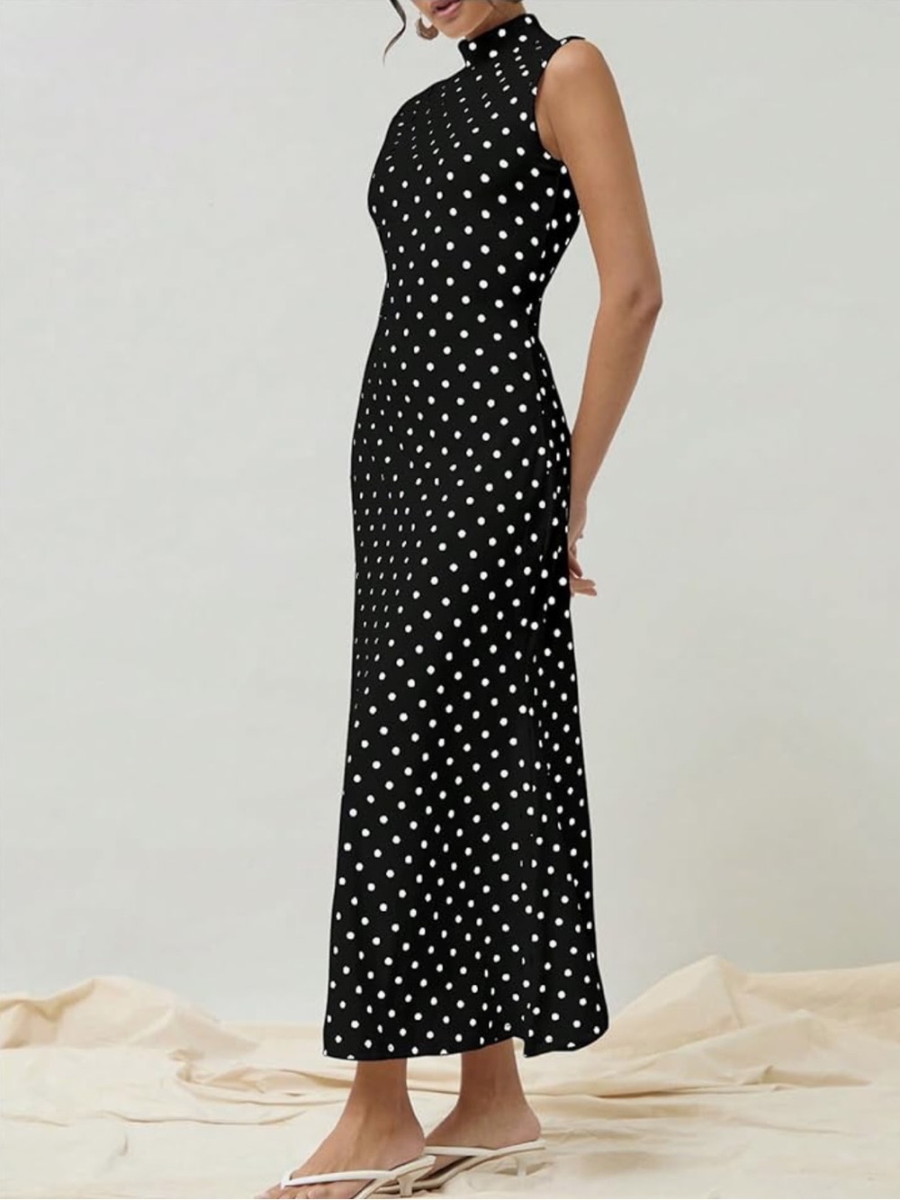 Polka Dots Maxi Tank Dress Vintage Mock Neck Sleeveless Long Dress